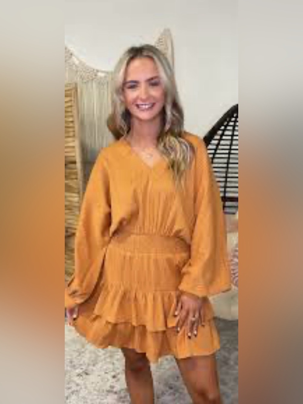 entro Mustard Tiered Long-Sleeve Mini Dress